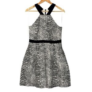 Trina Turk dress black white dot print halter neck fit and flare pleated mini 10